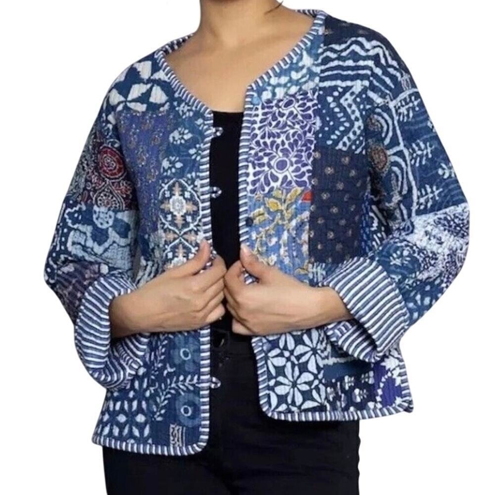 Reversible Colorful Printed Indian Patchwork Jacket Quilted Button-down Boxy